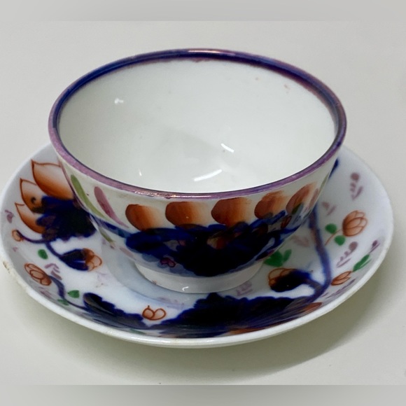 19th Century Antique Gaudy Welsh Grape Pattern Miniature Handleless Cup & Saucer - Picture 6 of 16